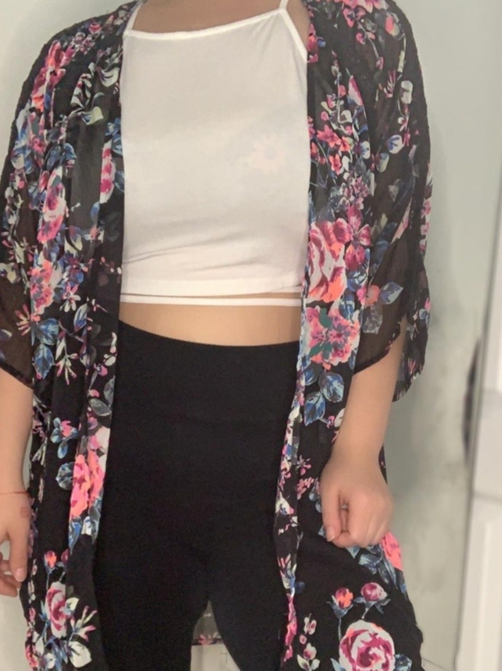 Express Black Floral Camisole with Pink & Blue Roses